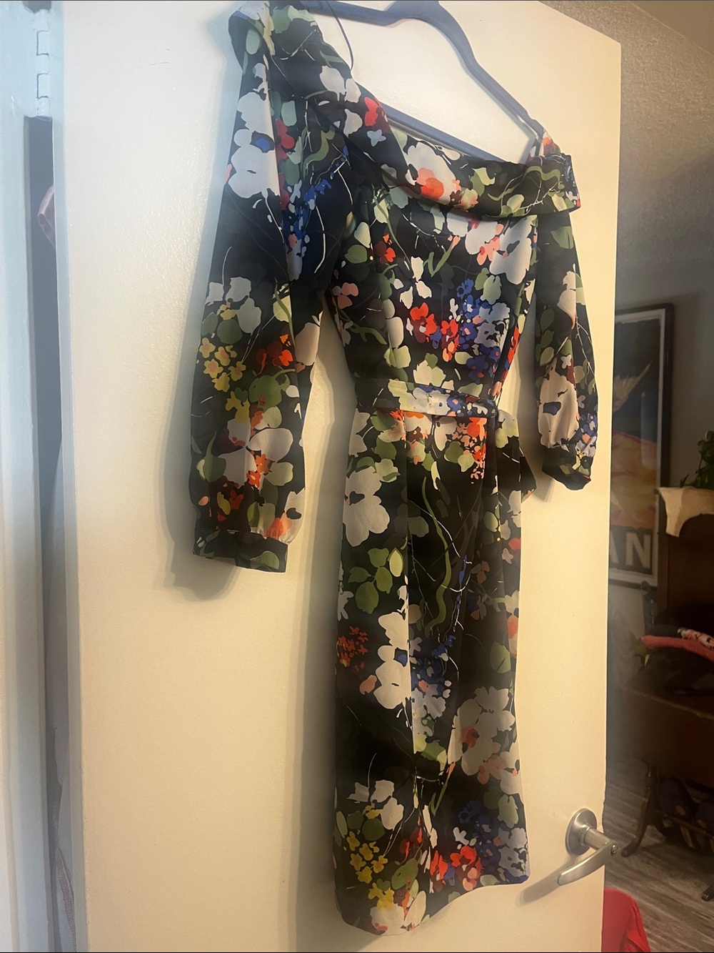 Banana Republic Black off-Shoulder Floral Midi Dress 3/4 sleeve sz S!!